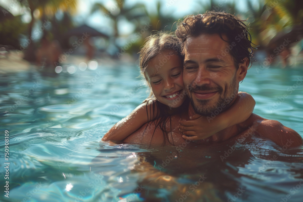Caucasian father holds a child in his arms while swim in tropical sea with palm trees Caucasian father holds a child in his arms while swim in tropical sea with palm trees