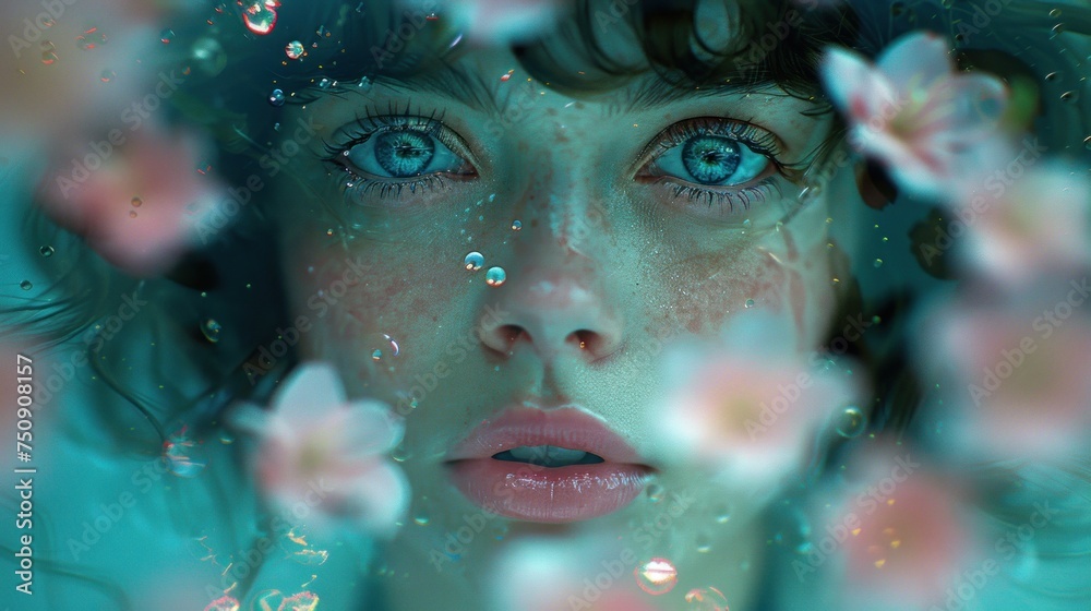a close up of a woman's face with blue eyes and flowers in front of her and water droplets on her face. a close up of a woman's face with blue eyes and flowers in front of her and water droplets on her face.