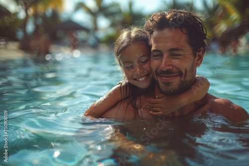 Caucasian father holds a child in his arms while swim in tropical sea with palm trees