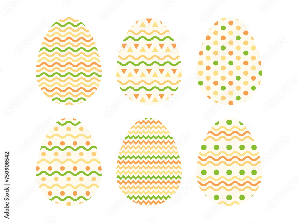 Collection of Easter Eggs with geometric ornament. Colorful egg isolated on white. Cute element of Egg Hunt. Traditional holiday design element