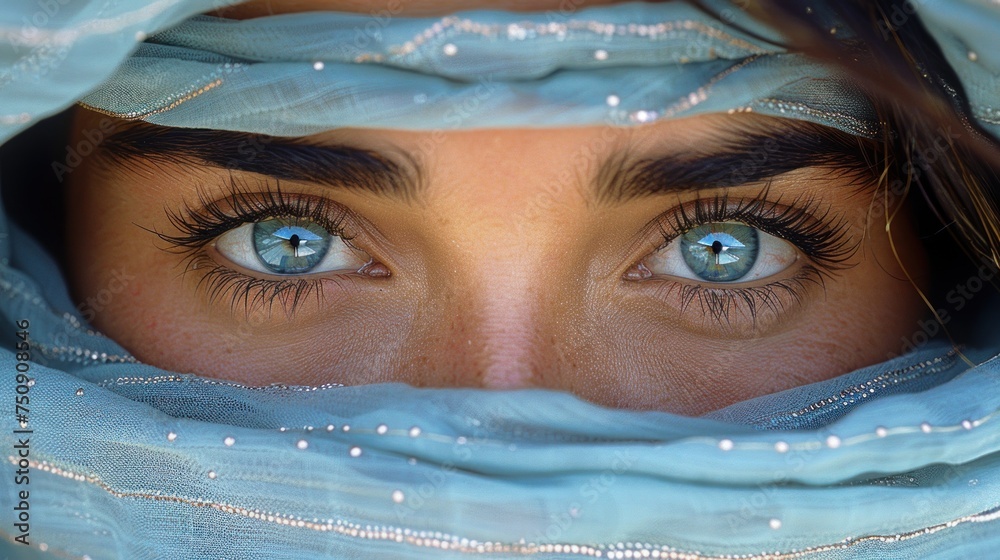 a close up of a woman's face with blue eyes and a blue scarf covering her head and covering her eyes.