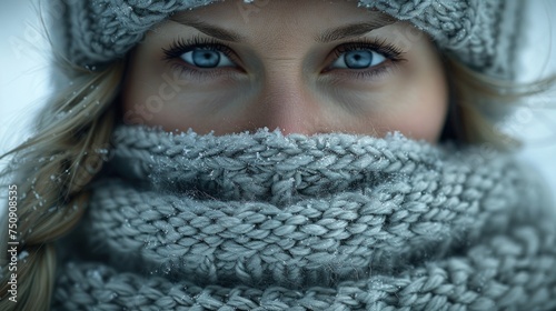 a close up of a woman wearing a knitted scarf and a knitted hat with a scarf around her face.