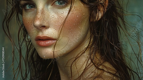 a close up of a woman's face with frecks of water on her face and her hair blowing in the wind. photo