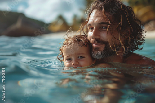 Caucasian father holds a child in his arms while swim in tropical sea with palm trees © sofiko14