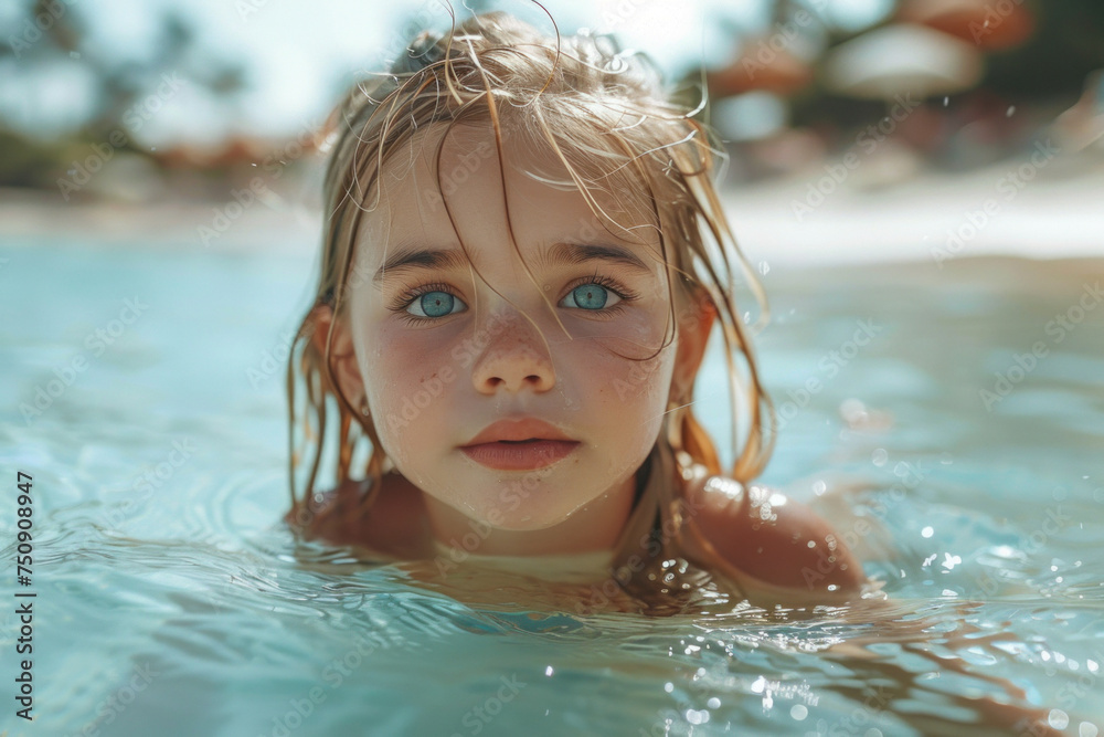 Caucasian child girl swim on tropical sea against the background of palm trees.