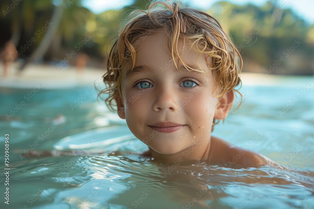 Caucasian child boy swim on tropical sea against the background of palm trees. Caucasian child boy swim on tropical sea against the background of palm trees.