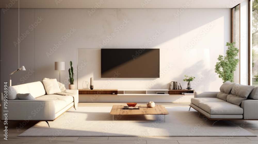 Fototapeta premium A modern living room with comfortable seating, a sleek television, and smart home technology scattered throughout the space