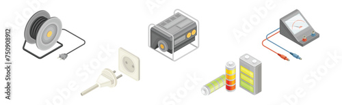 Electric Power and Energy Objects Isometric Vector Set