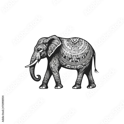 vintage Tribal floral tattoo style Black and white elephant logo. elephant silhouette
