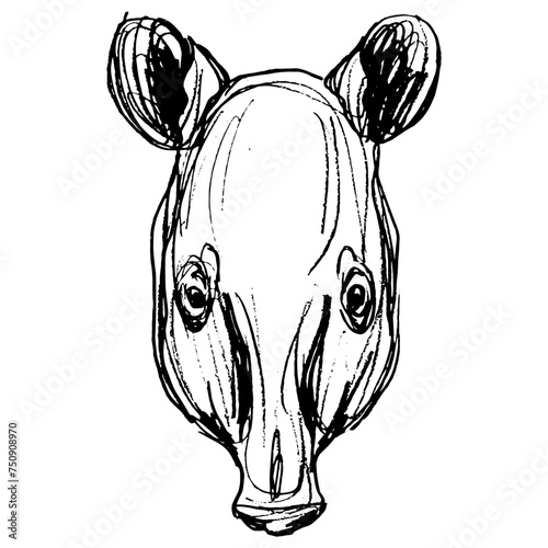 Head of tapir. Animal mask. Hand drawn linear doodle rough sketch. Black silhouette on white background.