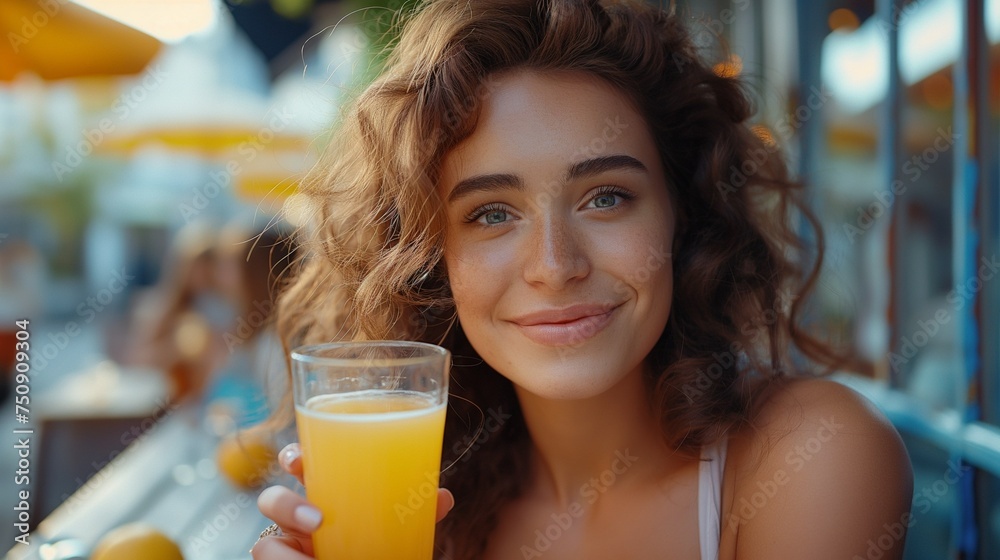 Close up photo of a young smiling woman sitting with glass of orange juice in her hand Close up photo of a young smiling woman sitting with glass of orange juice in her hand