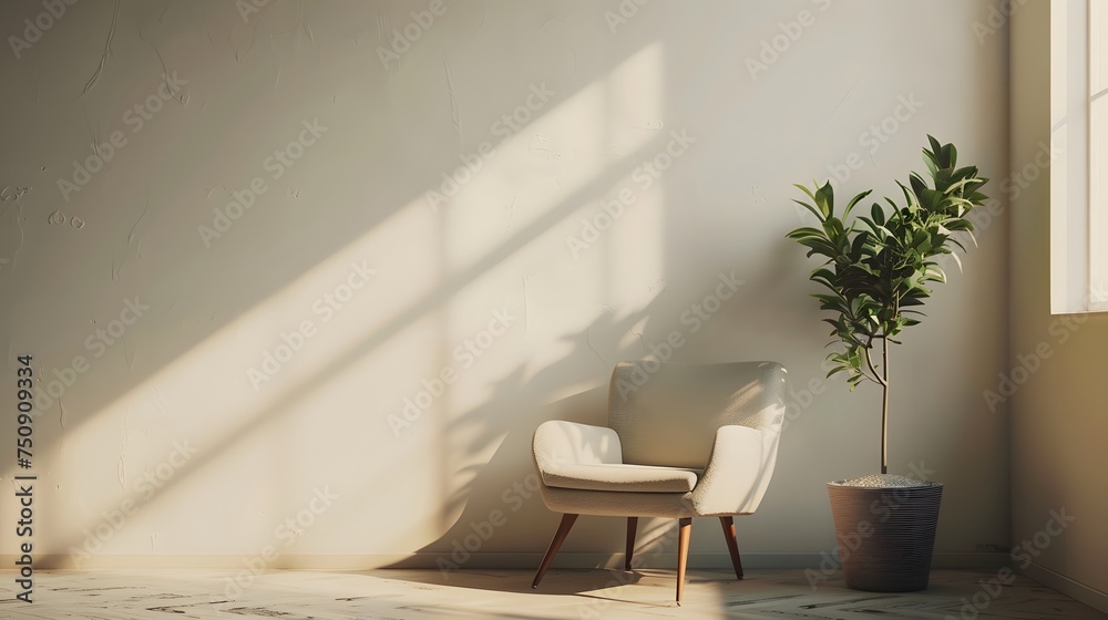 Minimal Luxury Living Room with a chair and lights shining through the window