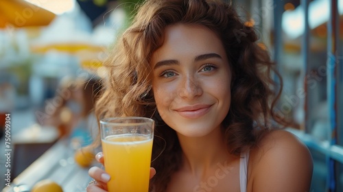 Close up photo of a young smiling woman sitting with glass of orange juice in her hand 