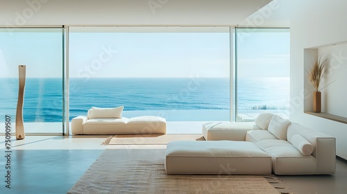Minimal Luxury Beach house. Home interior living space with ocean view and blue sky, summer freshness travel season window view house design.
