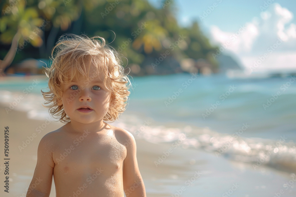 Caucasian child boy walking on sandy coast of tropical sea against background of palm trees Caucasian child boy walking on sandy coast of tropical sea against background of palm trees
