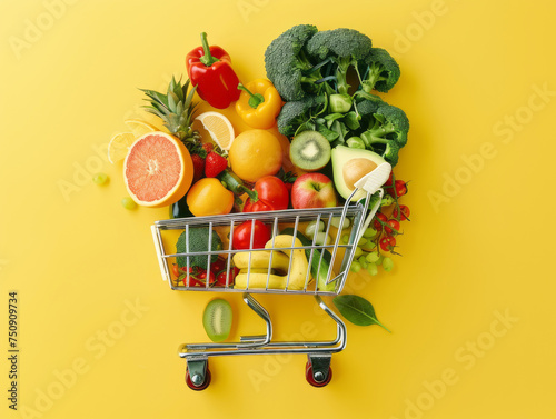 shopping cart full of healthy food products  on yellow background