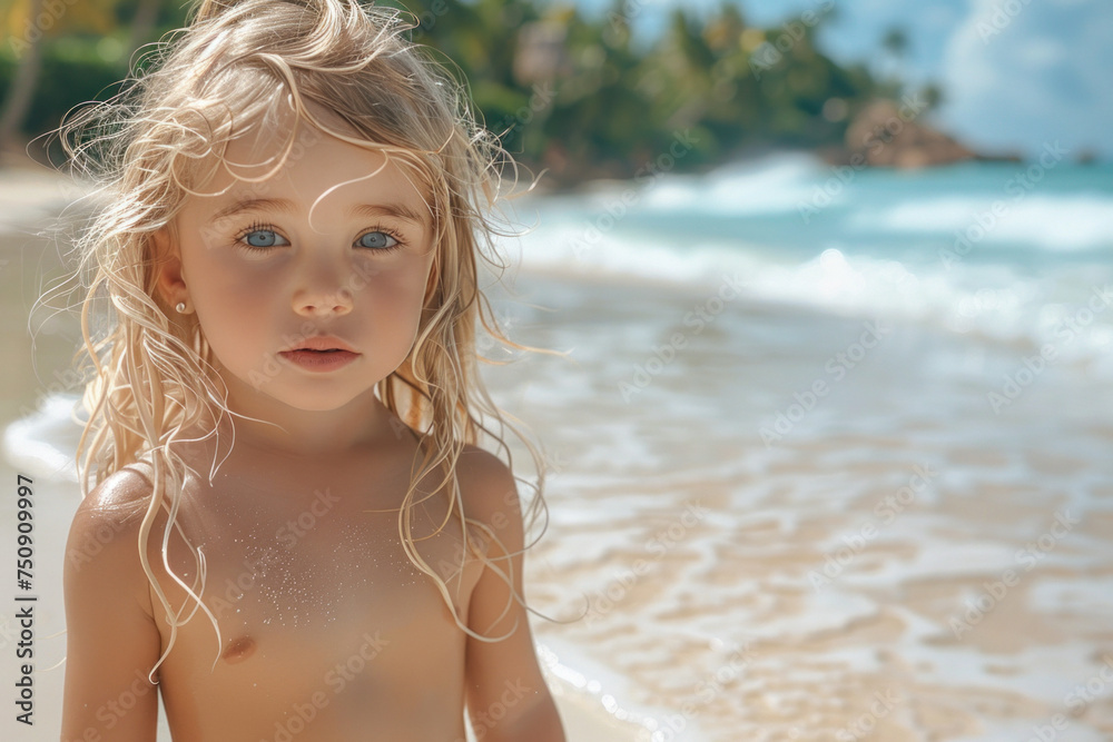 Caucasian child girl walking on sandy coast of tropical sea against background of palm trees