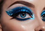 Close up of a woman's eye with blue and aquamarine eyeshadow. Eyeshadow. Makeup.