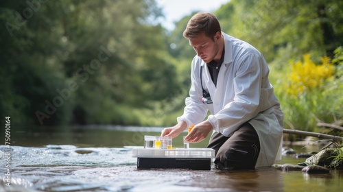 A man, wearing a lab coat, collects water from a river, amidst a beautiful natural landscape with happy people, trees, grass, and a serene lake. AIG41 photo