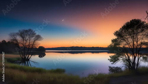 Twilight lake sunset with mountain and gradient sky bokeh background