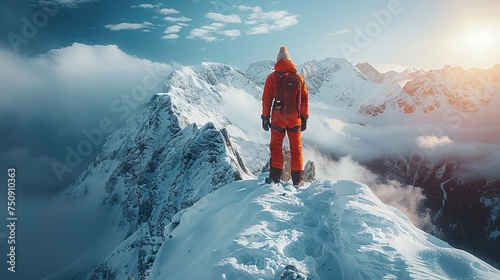 Hiker with arms up standing on the top of the mountain snowy - Man enjoying and celebrating the triumph - Sport and travel concept. AI generated illustration