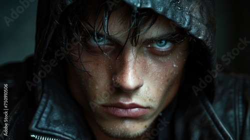 a close up of a person wearing a hoodie and looking at the camera with a serious look on his face.