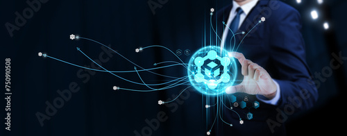 Blockchain Technology: Businessman Touching Digital Global Network of Blockchain Data Exchange. Security, Transparency on Social Network Connection with Hologram Modern Interface, Decentralization.