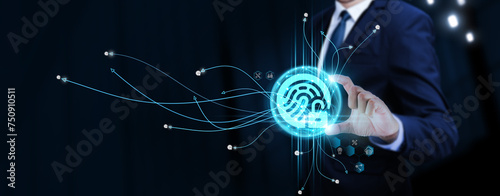 Biometric Security: Businessman Touching Digital Global Network of Biometric Data Exchange. Secure Authentication on Social Network Connection with Hologram Modern Interface, Identity Verification. photo