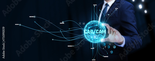CAD/CAM: Businessman Touching Digital Global Network of CAD/CAM Data Exchange. Seamless Integration on Social Network Connection with Hologram Modern Interface, Advanced Manufacturing Solutions photo