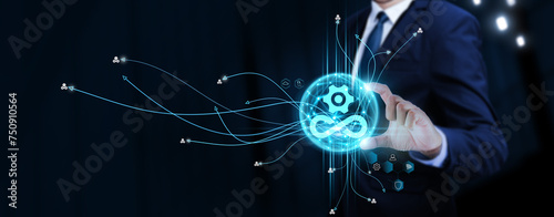 DevOps: Businessman Touching Digital Global Network of DevOps Data Exchange. Continuous Deployment on Social Network Connection with Hologram Modern Interface, Agile Development.