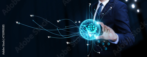 E-commerce: Businessman Touching Digital Global Network of E-commerce Data Exchange. Seamless Transactions on Social Network Connection with Hologram Modern Interface, Enhanced Customer Experience. photo