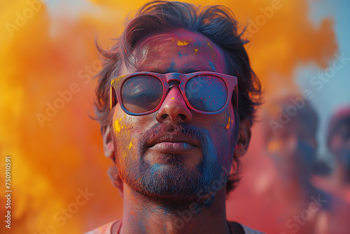 Young Indian man with sunglasses and colourful Holi powder on his face is celebrating Holi holiday in India. Selective focus. Copy space 