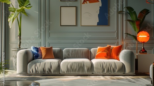 Modern living room with vibrant cushions on a plush grey sofa offers a relaxed atmosphere