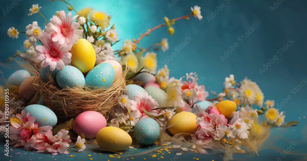 vibrant and colorful Easter postcard, eggs and flowers vibrant and colorful Easter postcard, eggs and flowers