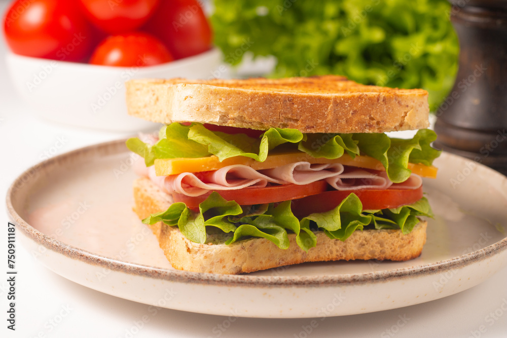 Close-up of two sandwiches with bacon, salami, prosciutto and fresh vegetables on rustic wooden cutting board. Club sandwich concept Close-up of two sandwiches with bacon, salami, prosciutto and fresh vegetables on rustic wooden cutting board. Club sandwich concept
