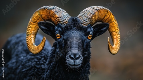 a close up of a ram's head with very large, curled, horn like horns on it's head. © Krister