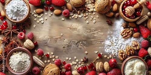 A wooden table adorned with a variety of organic, healthy foods including fruits, nuts, seeds, and cereals.