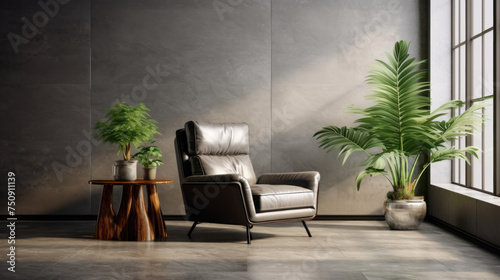 A modern living room featuring a gray leather armchair, a marble side table, and a lush green plant