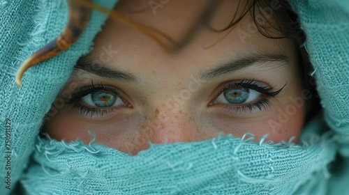 a close up of a woman's eyes with a towel over her head and a leaf on top of her head.