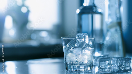 Against a backdrop of simplicity, a shot glass filled with ice awaits a pour of chilled vodka from a sleek bottle, promising a moment of cool refreshment and relaxation.