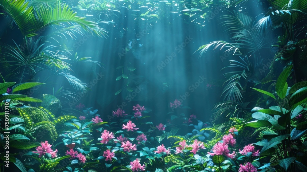 a lush green forest filled with lots of pink flowers and lots of green leafy plants with sunlight streaming through the leaves.
