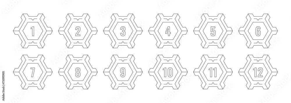 outline 1-12 step numbers in hexagons. numbers 1-12 concept for business, education, technology, science world outline 1-12 step numbers in hexagons. numbers 1-12 concept for business, education, technology, science world