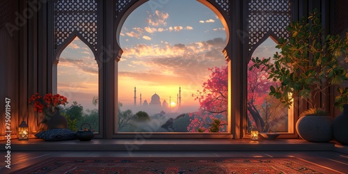 Beautiful arabic window, mosque interior photo