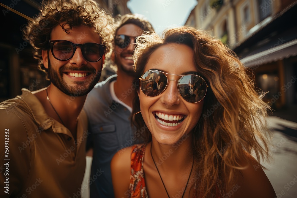 Multiracial friends taking selfie pic outdoors - Happy young people having fun walking on city street - Life style concept with guys and girls hanging outside - College students smiling at camera