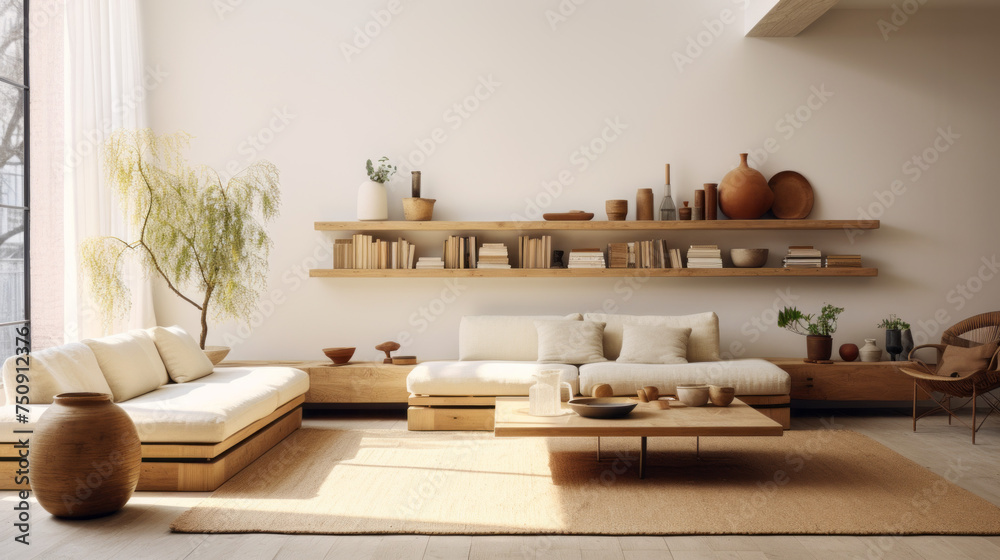 Obraz premium A modern living room with sustainable furnishings and a hint of traditional style