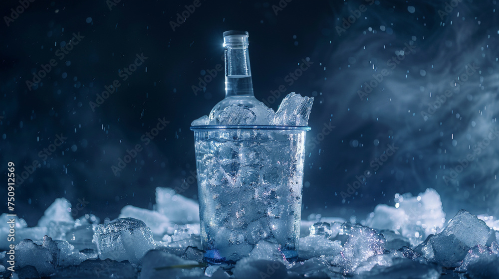 Against the backdrop of darkness, a bucket filled with shimmering ice cradles a bottle of chilled vodka, creating a captivating scene of cool elegance and allure. Against the backdrop of darkness, a bucket filled with shimmering ice cradles a bottle of chilled vodka, creating a captivating scene of cool elegance and allure.