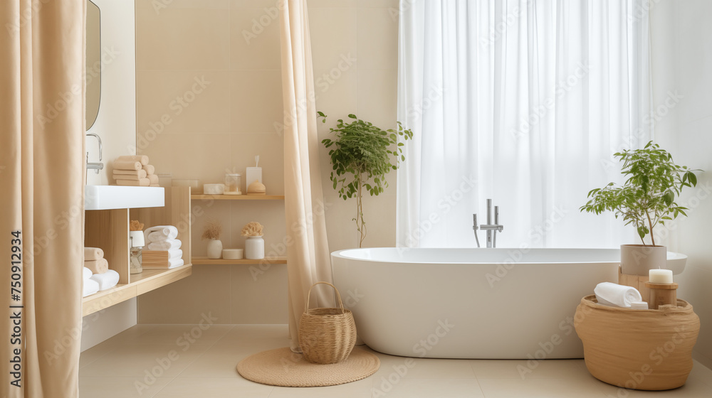 Naklejka premium Przytulna jasna łazienka w stylu boho - odcienie beżu i brązu. Rośliny, tekstylia i drewniane meble. Render 3d.