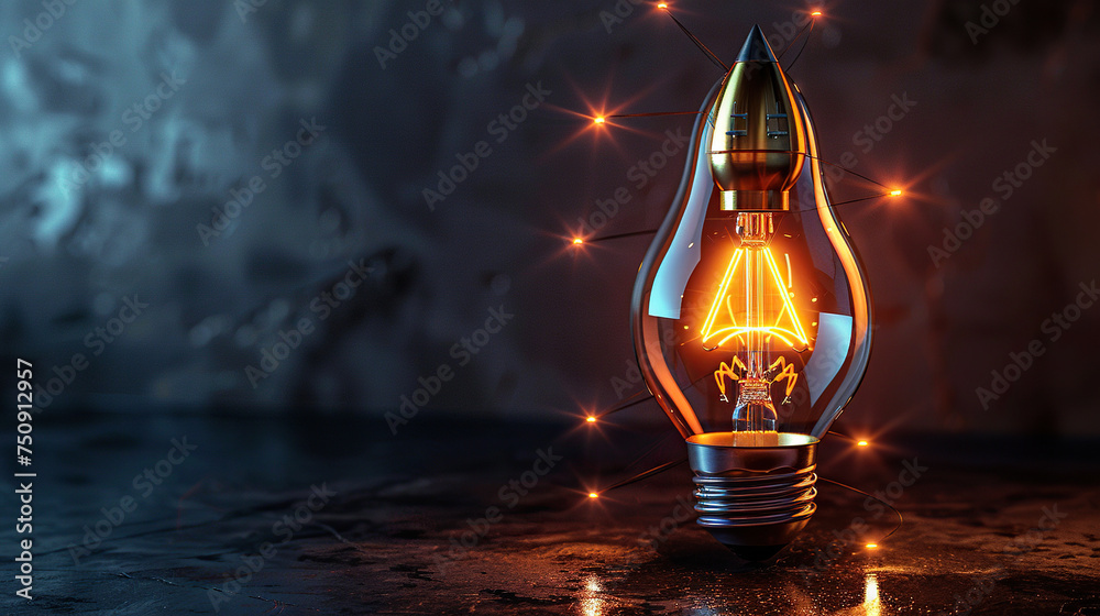 light bulb 3D illustration of rocket Glowing flying rocket symbol in a light bulb on dark background. light bulb 3D illustration of rocket Glowing flying rocket symbol in a light bulb on dark background.