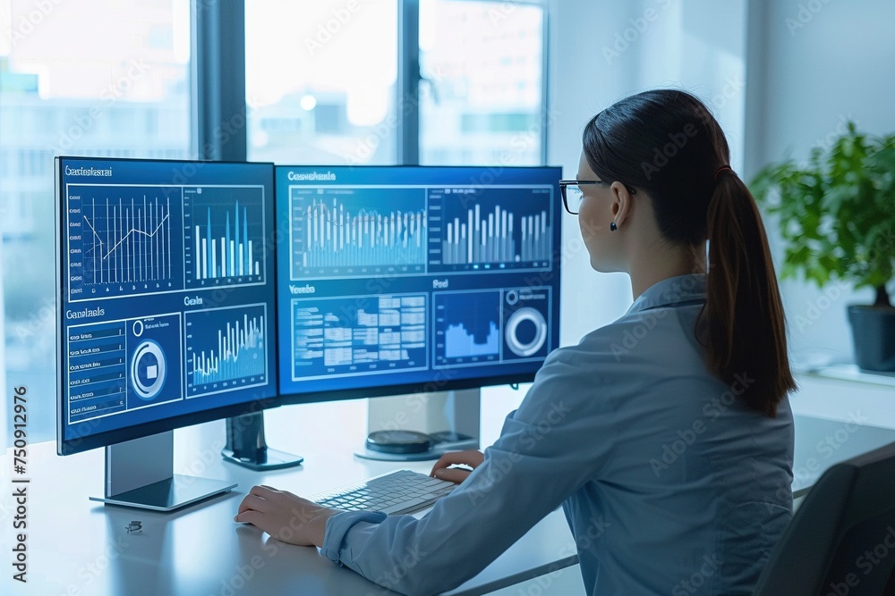 Witness the expertise of a female data analyst as she meticulously analyzes diverse data visualizations and a myriad of graphs across three computer screens Witness the expertise of a female data analyst as she meticulously analyzes diverse data visualizations and a myriad of graphs across three computer screens