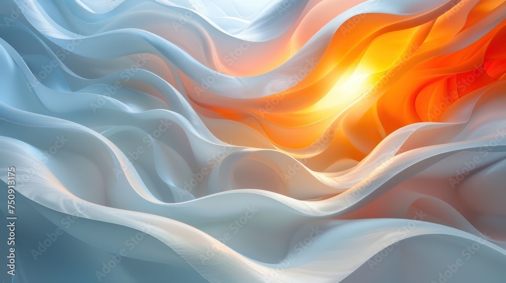 a painting of white and orange waves with a bright light in the middle of the wave of white and orange. a painting of white and orange waves with a bright light in the middle of the wave of white and orange.